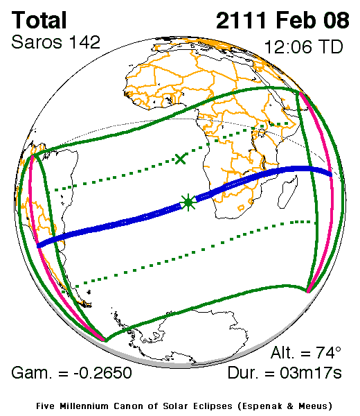 NASA map of the total solar eclipse of 8 February 2111