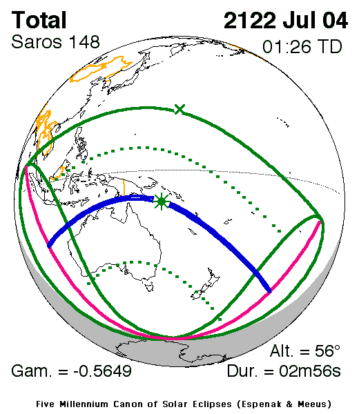 NASA map of the total solar eclipse of 4 July 2122