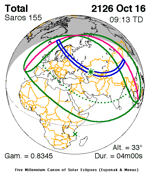 NASA map of the total solar eclipse of 16 October 2126