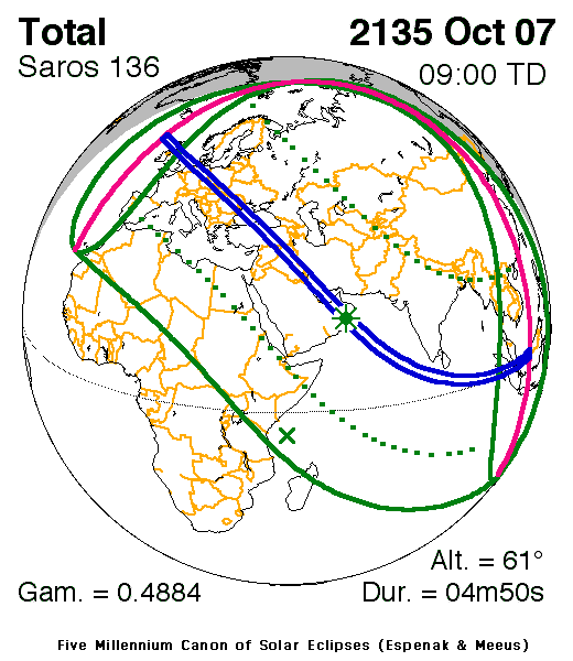 NASA map of the total solar eclipse of 7 October 2135