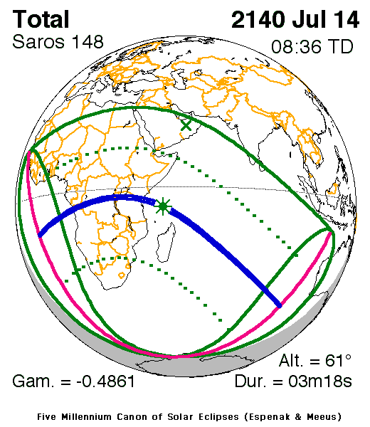 NASA map of the total solar eclipse of 14 July 2140