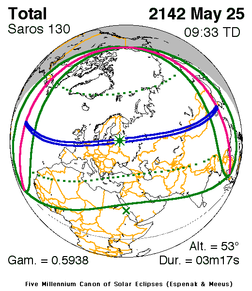 NASA map of the total solar eclipse of 25 May 2142