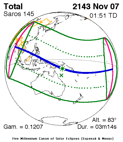 NASA map of the total solar eclipse of 7 November 2143