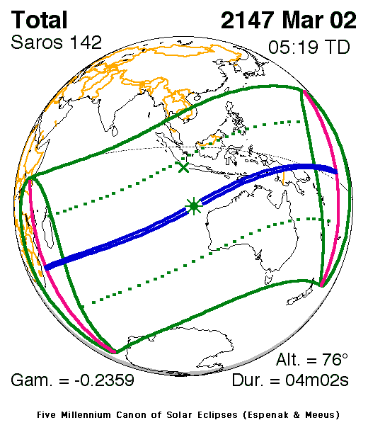 NASA map of the total solar eclipse of 2 March 2147