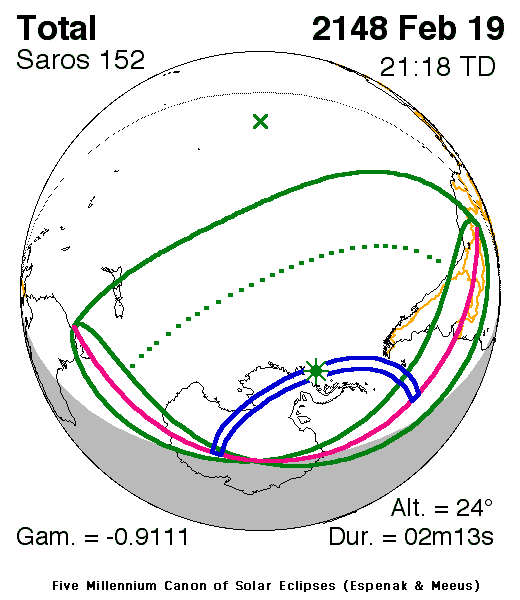 NASA map of the total solar eclipse of 19 February 2148