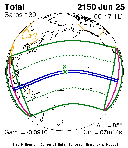 NASA map of the total solar eclipse of 25 June 2150