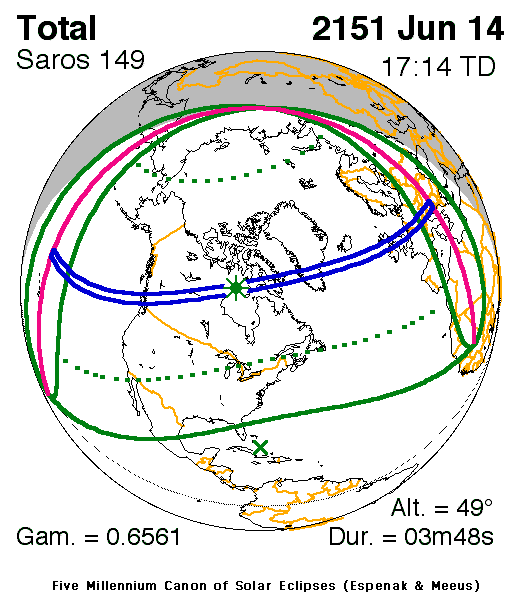 NASA map of the total solar eclipse of 14 June 2151