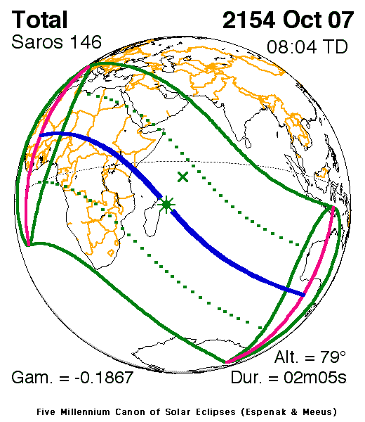 NASA map of the total solar eclipse of 7 October 2154