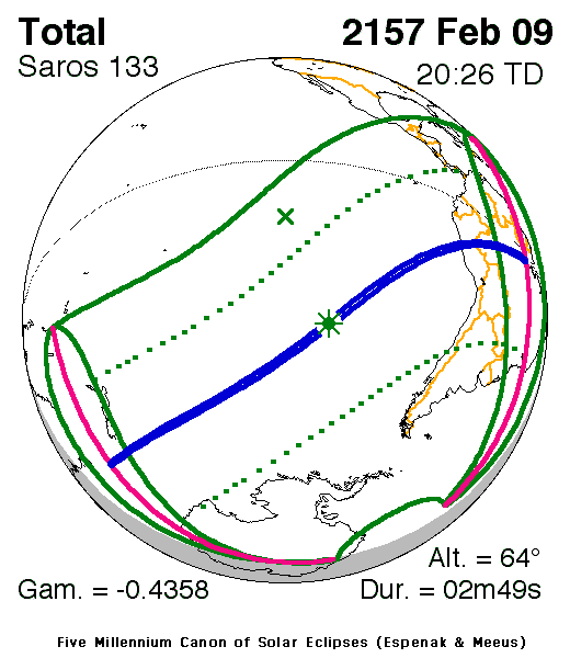NASA map of the total solar eclipse of 9 February 2157