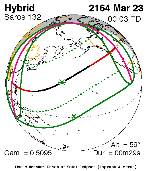 NASA map of the hybrid solar eclipse of 22 March 2164