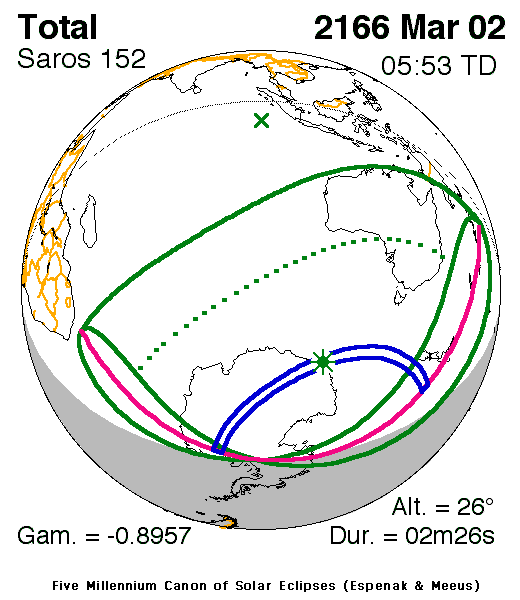 NASA map of the total solar eclipse of 2 March 2166