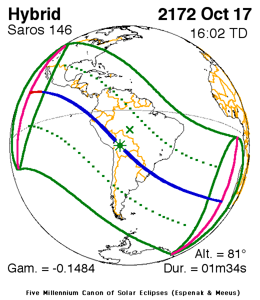NASA map of the hybrid solar eclipse of 17 October 2172
