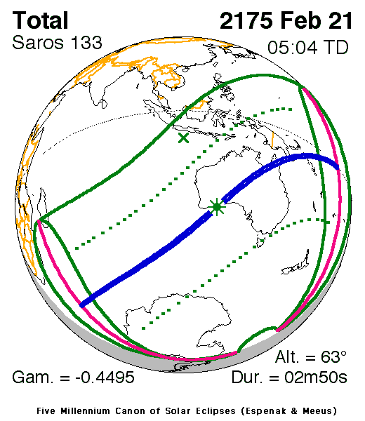 NASA map of the total solar eclipse of 21 February 2175