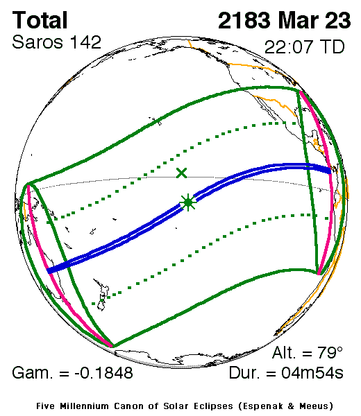 NASA map of the total solar eclipse of 23 March 2183