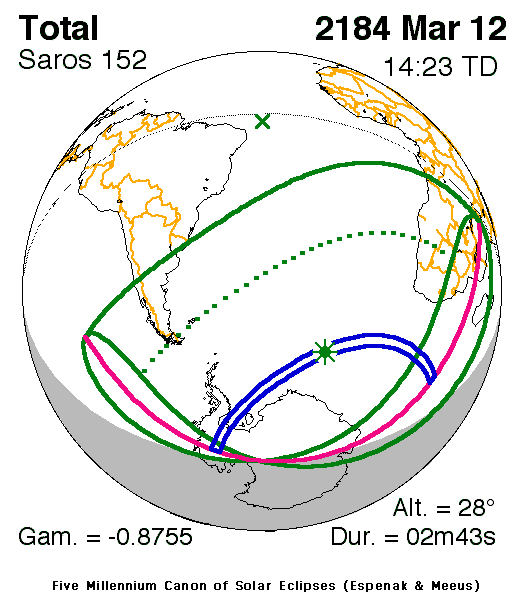 NASA map of the total solar eclipse of 12 March 2184