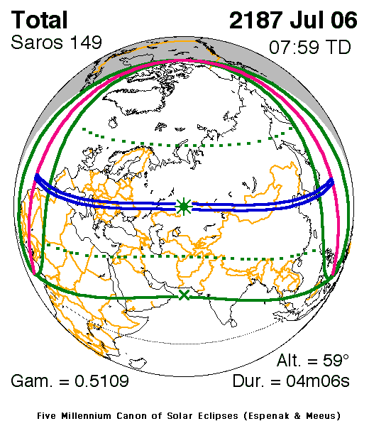 NASA map of the total solar eclipse of 6 July 2187