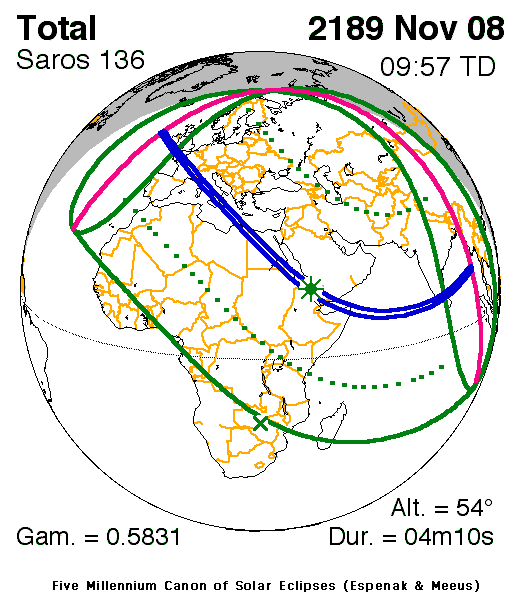 NASA map of the total solar eclipse of 8 November 2189