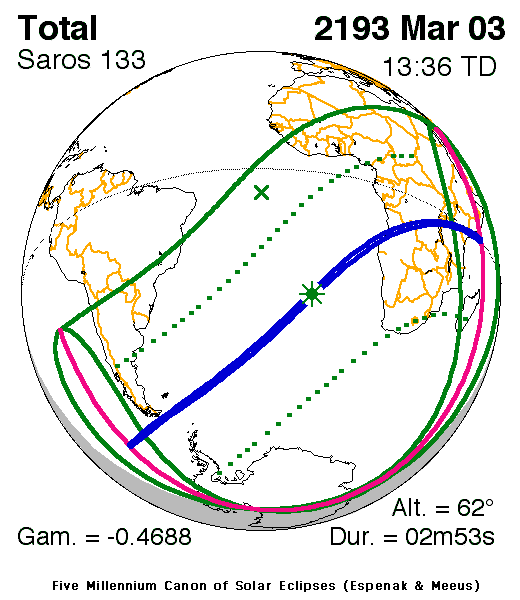NASA map of the total solar eclipse of 3 March 2193