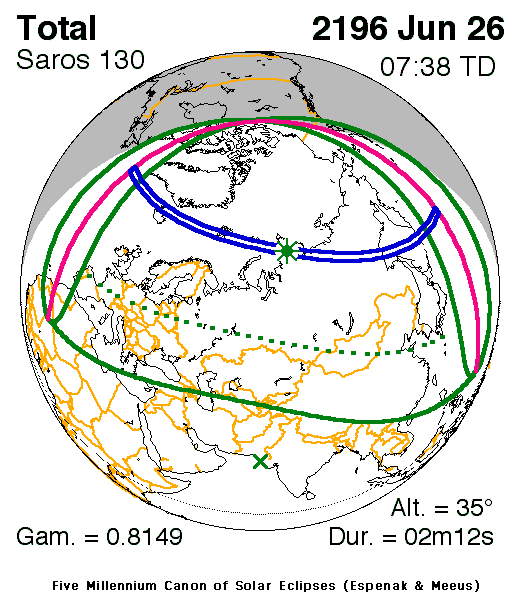NASA map of the total solar eclipse of 26 June 2196