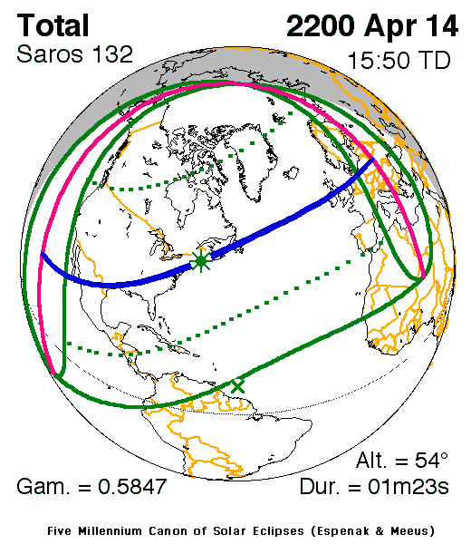 NASA map of the total solar eclipse of 14 April 2200