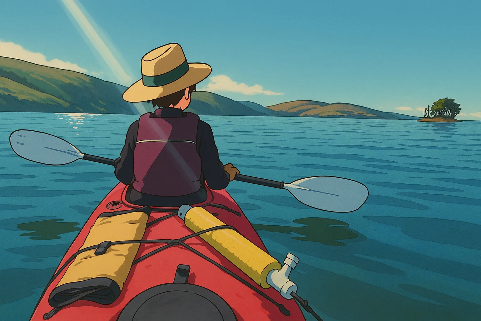 Paddling across the open bay