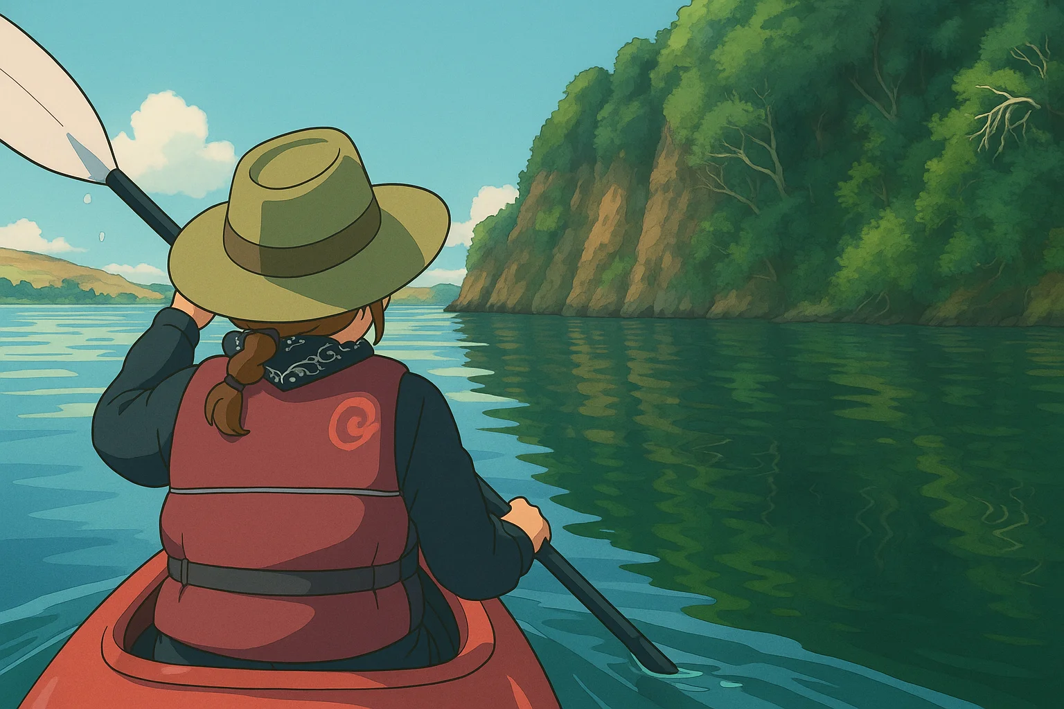 Paddling past a rocky headland on the west shore