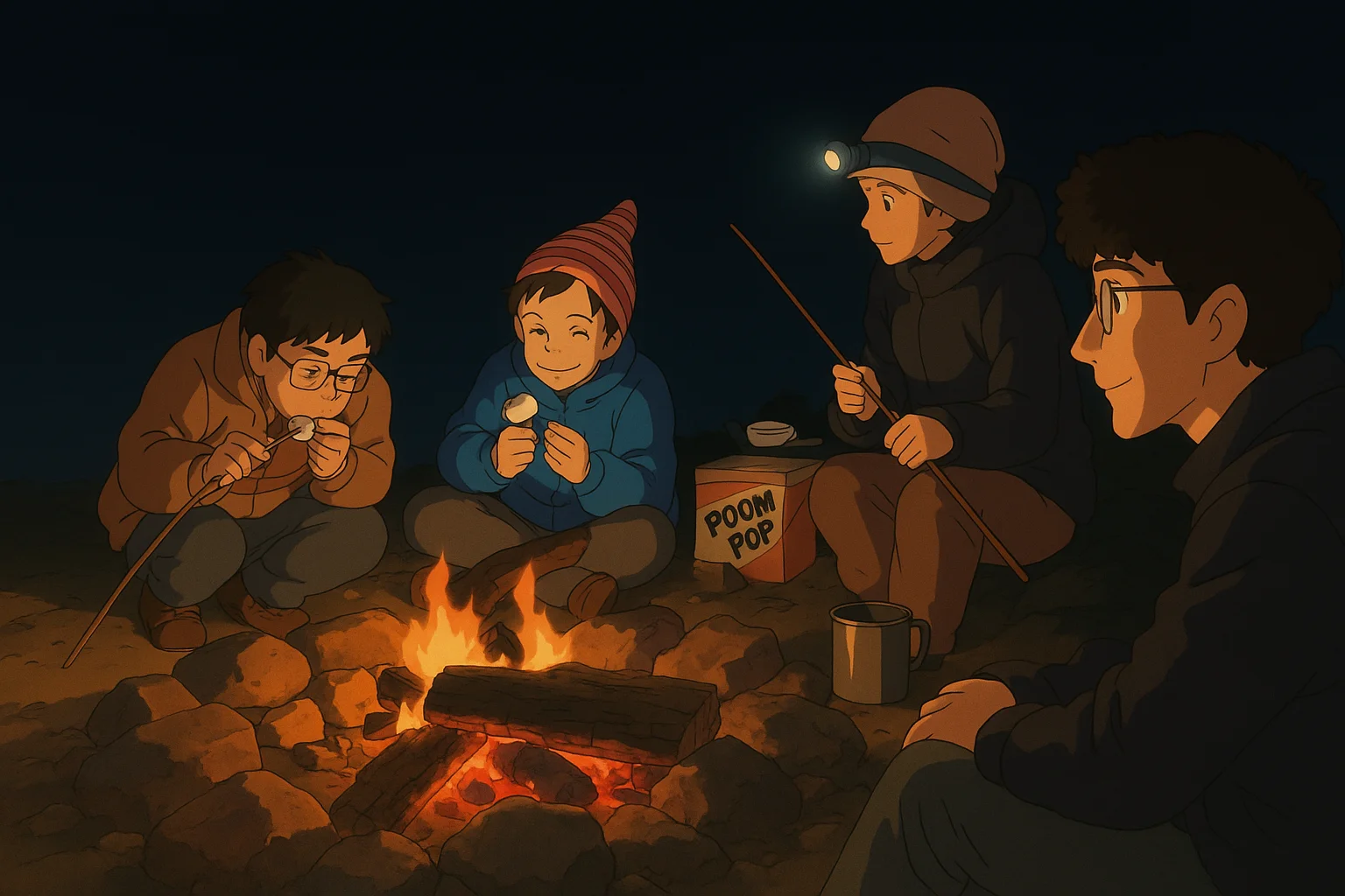 Friends sitting around a campfire on the beach at night