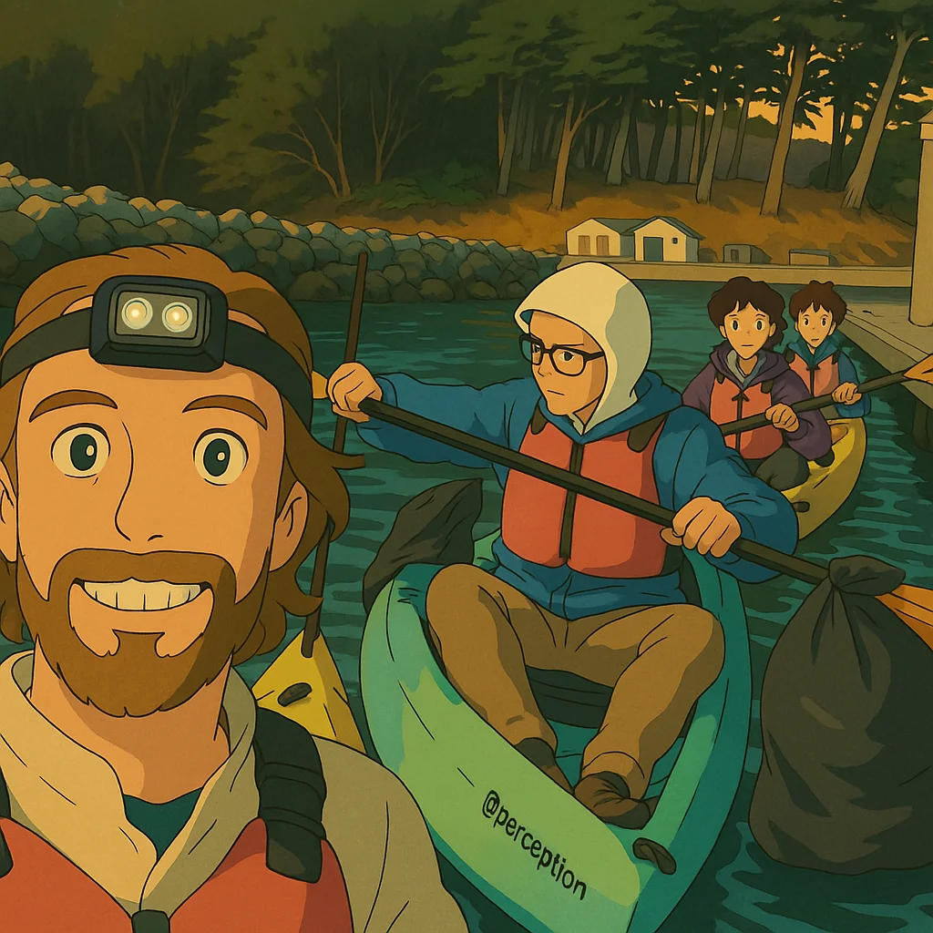 The group in their kayaks at the dock, ready to launch