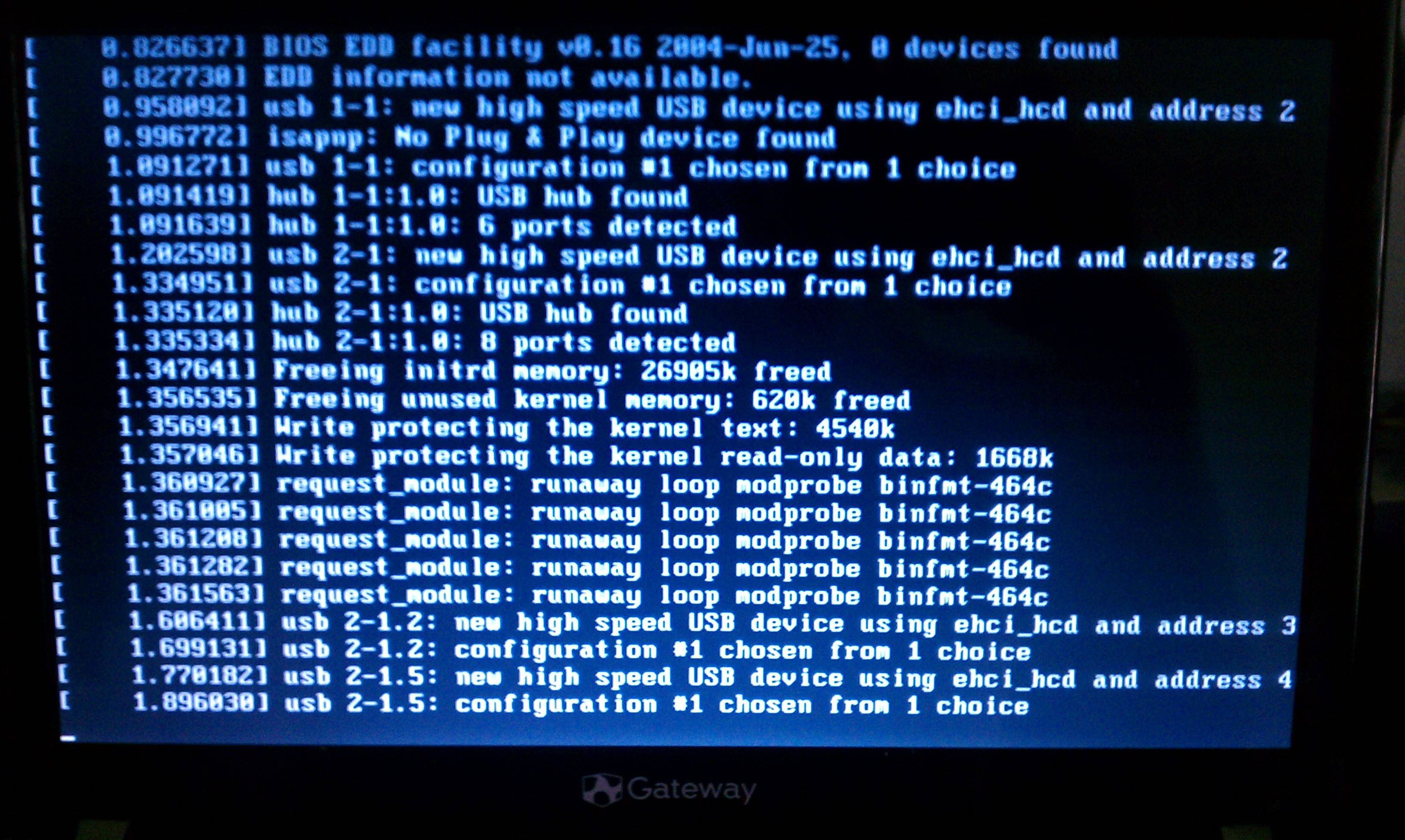 Screen where booting fails after trying to load USB