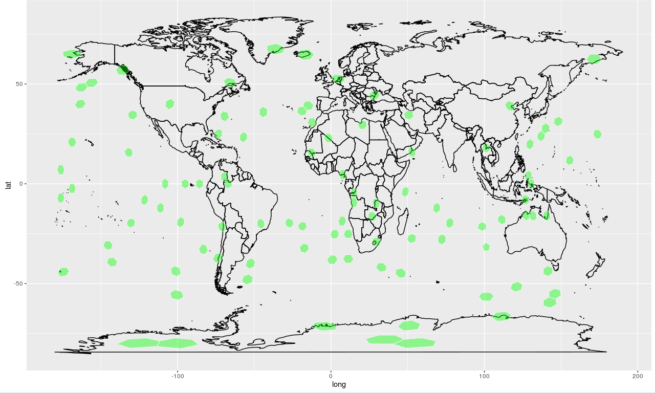 Randomly selected cells on a Mercator projection of a discrete global grid
